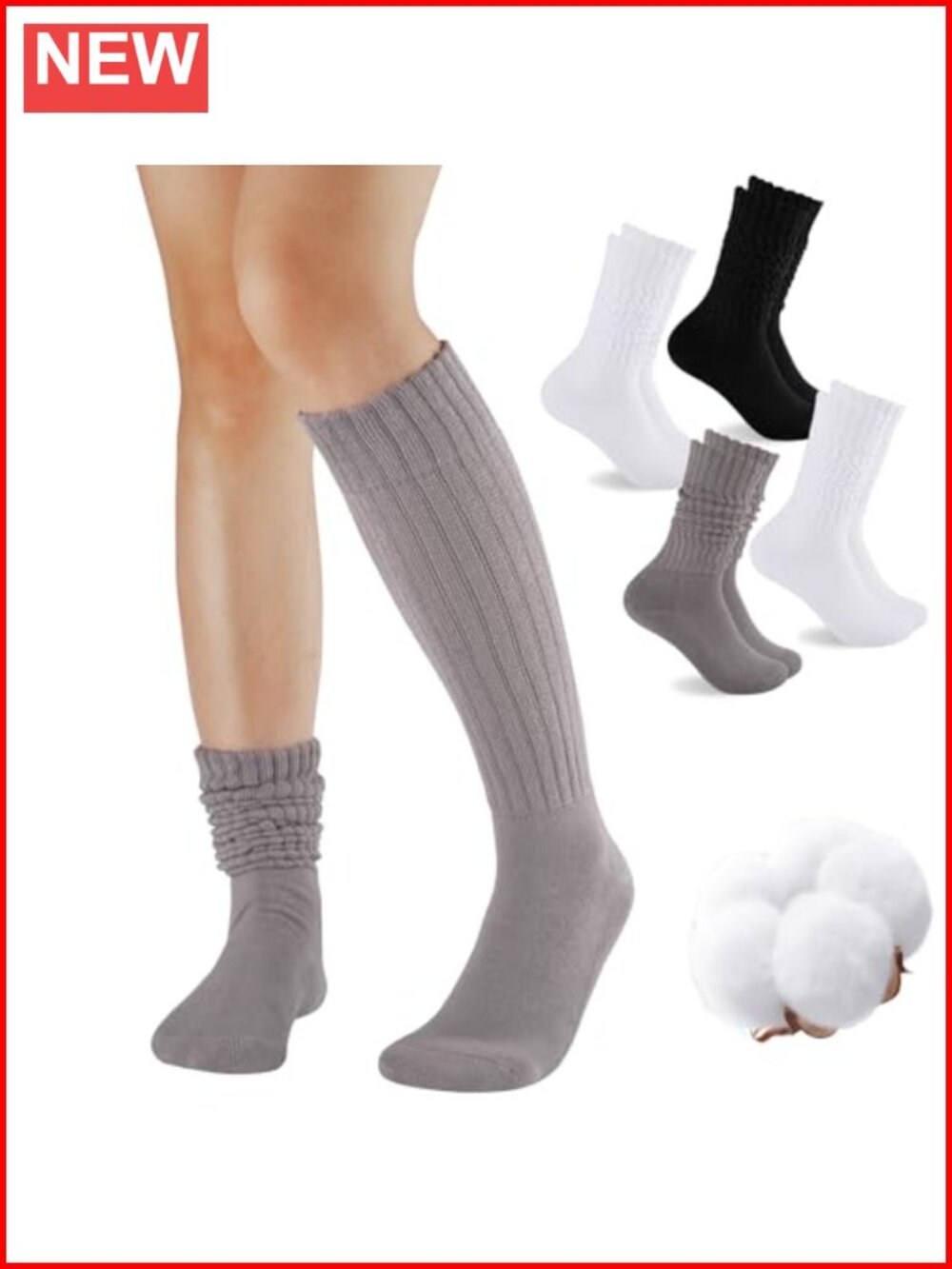 Cotton Slouch Socks Knee High Scrunch Soft Cushion 4 Pairs